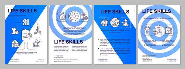 Life skills purple blue template. Essential abilities. Leaflet design with linear icons. Editable 4 vector layouts for presentation, annual reports. Arial, Myriad Pro-Regular fonts used