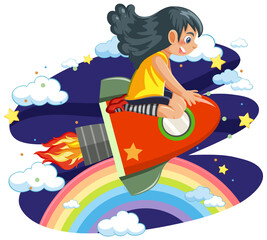 Sticker - A girl riding on rocket isolated