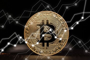 Poster - Golden physical bitcoin with chart graph