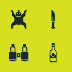 Canvas Print - Set Bear skin, Bottle of vodka, Binoculars and Hunter knife icon. Vector