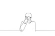 man adjusting glasses on his eyes - one line drawing vector. concept to think, reflect, falling glasses, weak spectacle frame