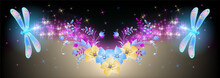 Magic Dragonflies With Fantasy Sparkle And Blazing Trail And Stars On Dark Night Sky Background