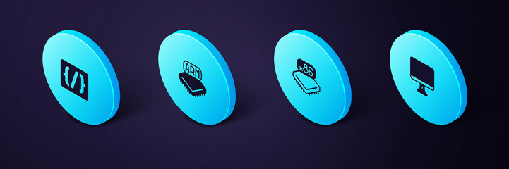 Set Isometric Computer monitor screen, Processor with microcircuits CPU, and Programming language syntax icon. Vector