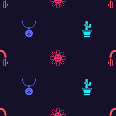 Wall Mural - Set Cactus, Necklace with peace symbol, Flower and Headphones on seamless pattern. Vector