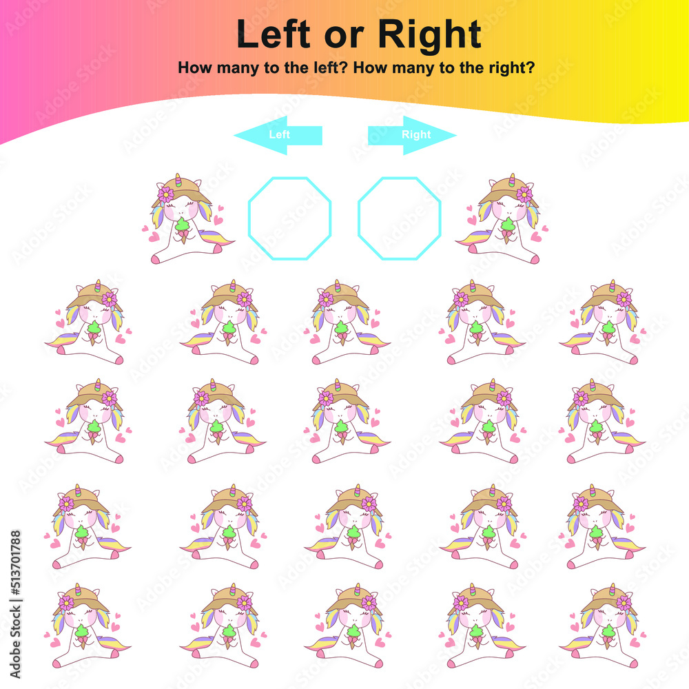 Counting unicorns left or right worksheet. Educational printable math worksheet. Vector illustration.