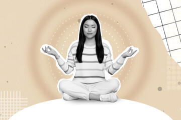 Sticker - Exclusive minimal magazine sketch image of dreamy girl enjoying yoga black white visual effect isolated drawing beige background