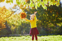 Adorable Preschooler Girl Enjoying Nice And Sunny Autumn Day Outdoors