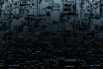 Poster - 3d illustration of a realistic model of a robot or black cyber armor. Close-up equipment for mining crypto-bitcoin; ether. Video cards; motherboards
