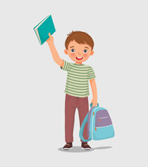 Wall Mural - Happy little boy student holding backpack and book feeling excited to be back to school