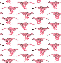 Canvas Print - Vector seamless pattern of flat hand drawn pink running cheetah isolated on white background