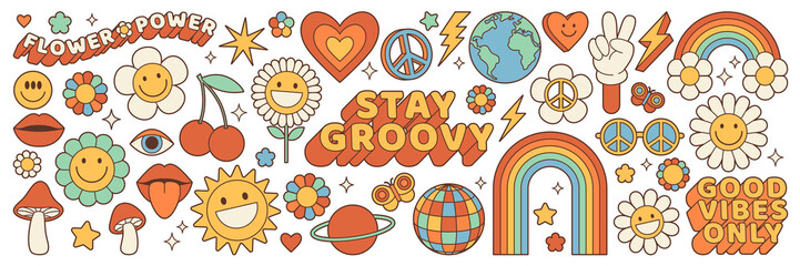 groovy hippie 70s set. funny cartoon flower, rainbow, peace, love, heart, daisy, mushroom etc. stick