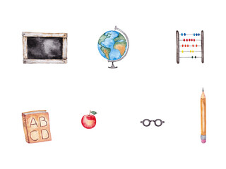 Set of school supplies. Desk, globe, abacus, ABC book, apple, glass, pencil in Back to school theme. Watercolor hand painted isolated illustration on white background.