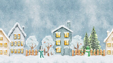 Seamless Pattern With Winter Christmas Street Village City With Trees And Snowmen On Snowy Background.