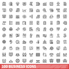 Poster - 100 business icons set. Outline illustration of 100 business icons vector set isolated on white background