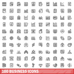 Poster - 100 business icons set. Outline illustration of 100 business icons vector set isolated on white background
