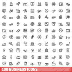 Poster - 100 business icons set. Outline illustration of 100 business icons vector set isolated on white background