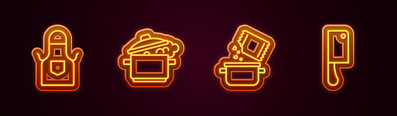 Set line Kitchen apron, Cooking pot, and spice and Meat chopper. Glowing neon icon. Vector