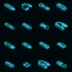 Poster - Flash drive icon set. Isometric set of flash drive vector icons neon on black