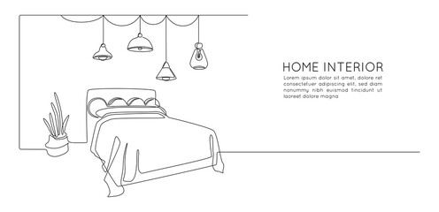 Wall Mural - Continuous one line drawing of double bed and table and loft chandelier lamps. Modern scandinavian interior for cozy bedroom in simple linear style. Editable stroke. Doodle vector illustration