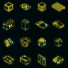 Sticker - Parcel icon set. Isometric set of parcel vector icons neon on black