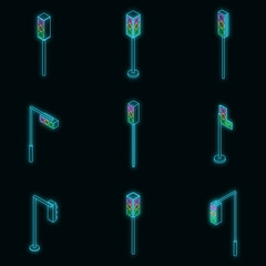Poster - Traffic lights icon set. Isometric set of traffic lights vector icons neon on black