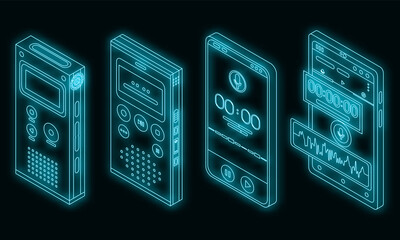 Poster - Dictaphone icons set. Isometric set of dictaphone vector icons neon on black
