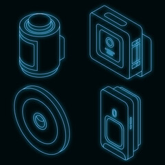 Poster - Motion sensor icons set. Isometric set of motion sensor vector icons neon on black