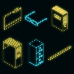 Poster - Archive icons set. Isometric set of archive vector icons neon on black