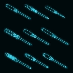 Poster - Screwdriver icons set. Isometric set of screwdriver vector icons neon on black