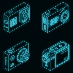 Poster - Action camera icons set. Isometric set of action camera vector icons neon on black