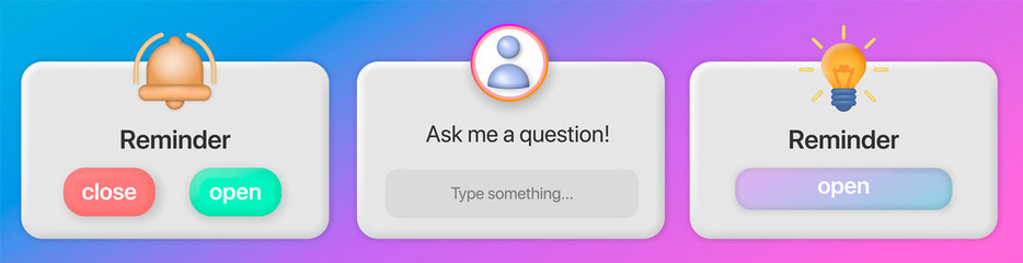 Poster - Reminder 3D Illustration, Notifications page with floating elements Question Sticker. Ask Me a Question. Social Media Element On Gradient Background