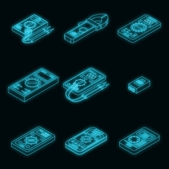 Poster - Multimeter icons set. Isometric set of multimeter vector icons neon on black