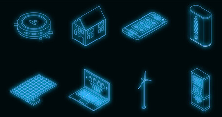 Poster - Autonomous house icons set. Isometric set of autonomous house vector icons neon on black