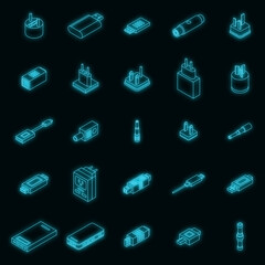 Poster - Adapter icons set. Isometric set of adapter vector icons neon on black