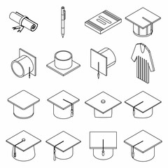 Poster - Graduation hat icons set. Isometric set of graduation hat vector icons thin line outline on white isolated