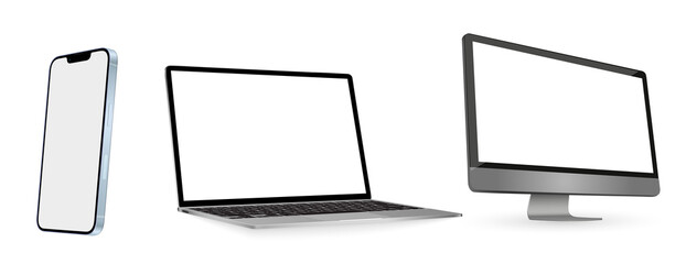 Poster - Modern devices with blank screens. Laptop smartphone and tablet mockup with blank screen isolated on background. Concept. Vector illustration