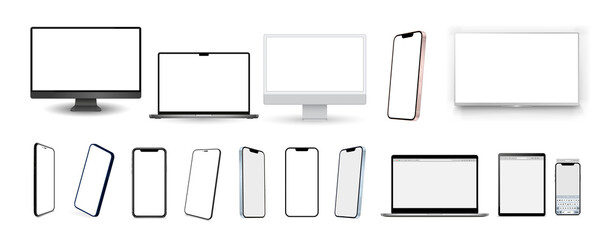 Poster - Set mockups of technology devices with empty display, device screen mockup collection, big realistic set mock up TV, computer, laptop, tablet, smartphone and watch with shadow.