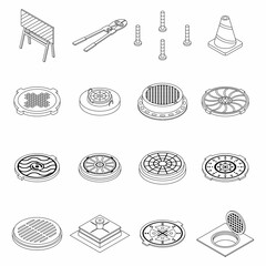 Wall Mural - Manhole icons set. Isometric set of manhole vector icons thin line outline on white isolated