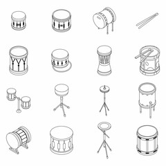 Poster - Drum icons set. Isometric set of drum vector icons thin line outline on white isolated