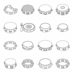 Wall Mural - Tambourine icons set. Isometric set of tambourine vector icons thin line outline on white isolated