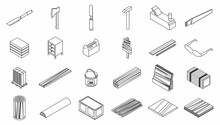 Plywood Icons Set. Isometric Set Of Plywood Vector Icons Thin Line Outline On White Isolated
