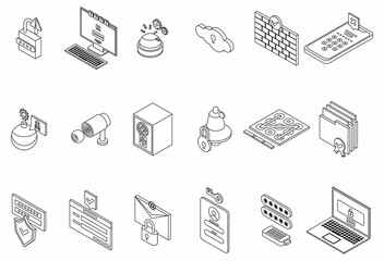 Poster - Password protection icons set. Isometric set of password protection vector icons thin line outline on white isolated