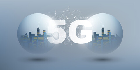 Poster - 5G Network Label with Cityscapes Inside of Globes - Grey Blue Background, High Speed Broadband Mobile Telecommunication and Wireless Internet Design, New Cutting Edge Global Mobile Technology Concept