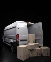 Generic modern white delivery van rear doors with packages on the ground 3d render