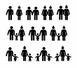 Stick people in different poses isolated on white background. Set of different types of families. Human figures icons. Vector stock