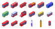 London bus icons set isometric vector. Decker double. Vehicle transport