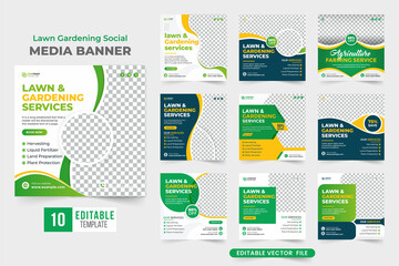 Lawn and gardening service social media banner bundle for advertisement. Agriculture and farming business promotion banner collection with green, blue, and yellow colors. Gardening flyer template set.