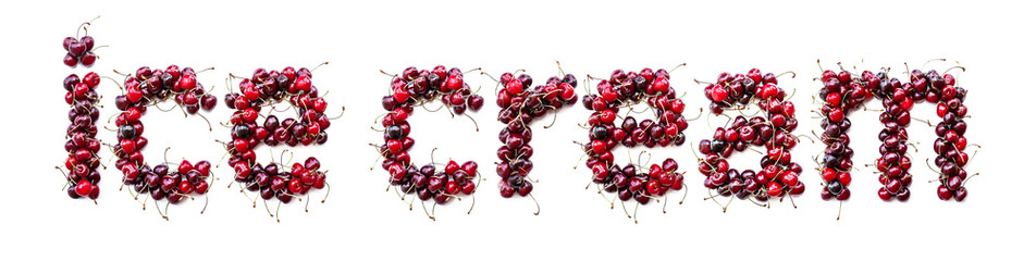 Poster - Ice cream - a sweet inscription from the berries of ripe cherries in English. Isolate on a white background, ready-made inscription for design and layout. Great gift and tasty treat