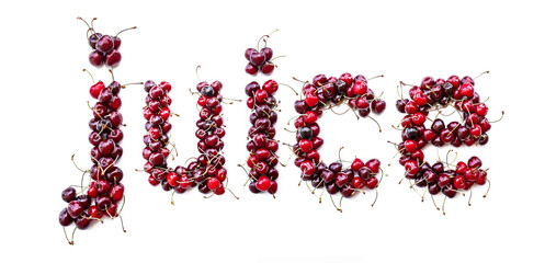 Poster - Juice - a sweet inscription from the berries of ripe cherries in English. Isolate on a white background, ready-made inscription for design and layout. Great gift and tasty treat