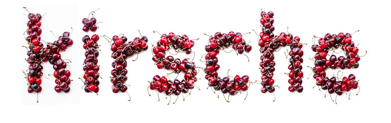 Poster - Sweet cherry - a sweet inscription from the berries of ripe cherries in German kirsche. Isolate on a white background, ready-made inscription for design and layout. Great gift and tasty treat